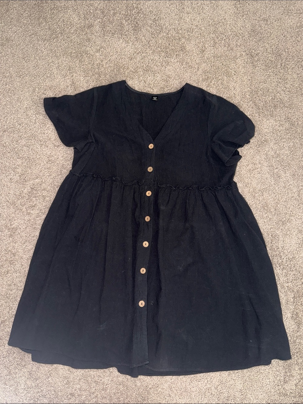 SHEIN Black Button-Front Smocked Waist Casual Dress
